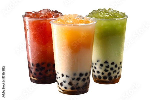 Fototapeta Refreshing Bubble Tea Trio: A close-up captures a colorful assortment of refreshing bubble tea drinks, with various flavors and textures.
