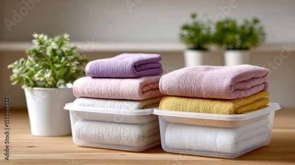 Fototapeta Pastel Colored Towels in Clear Storage Containers on Wooden Surface