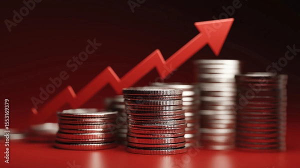 Fototapeta Up arrow with stacked coins represents inflation interest rate rise and banking system trends