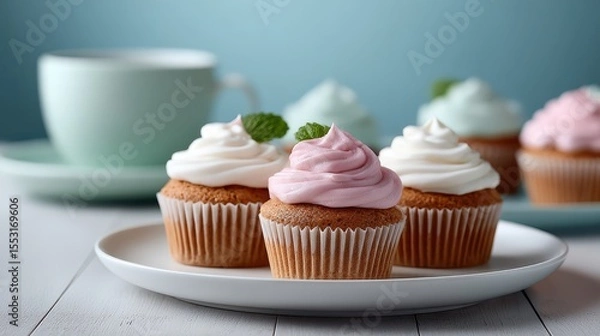 Fototapeta Pastel Cupcakes with Pink and White Frosting on White Plate