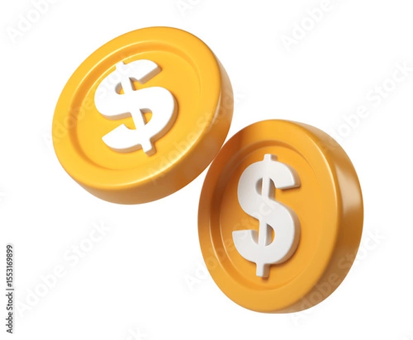 Fototapeta 3d render icon business gold coins with dollar symbol Two on transparent background, perfect for financial and rotating payment projects