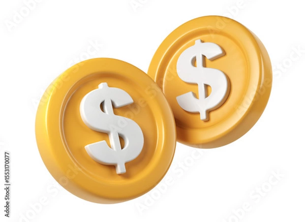 Fototapeta 3d render icon business gold coins with dollar symbol Two on transparent background, perfect for financial and rotating payment projects