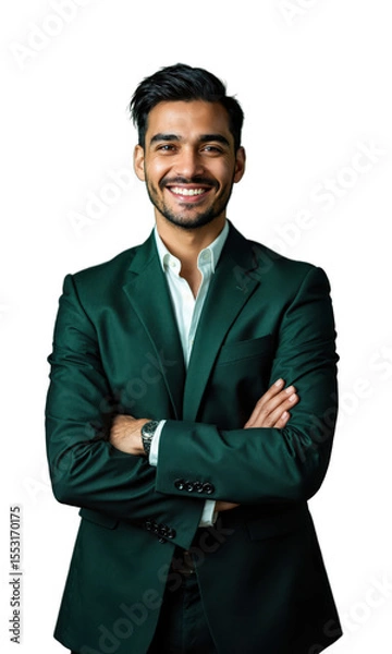 Fototapeta A Latinx male CEO in bold emerald green, arms confidently crossed, surrounded by floating data streams representing his expertise