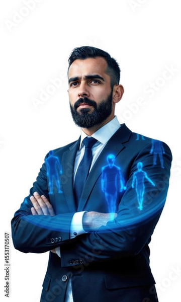 Fototapeta A strategic male executive in dark cobalt, surrounded by floating holographic figures representing business innovation, symbolizing his emotional commitment