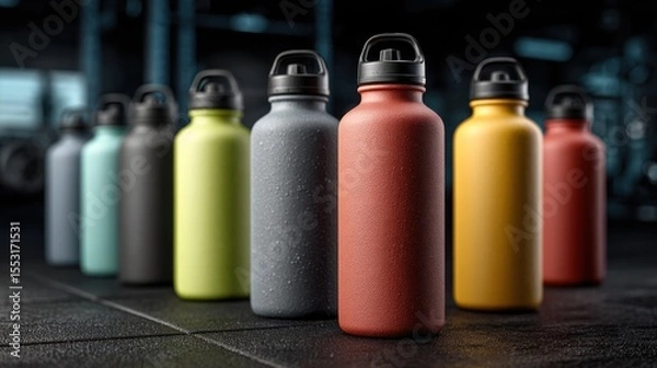 Fototapeta Row of Colorful Reusable Water Bottles at the Gym, Staying Hydrated Concept