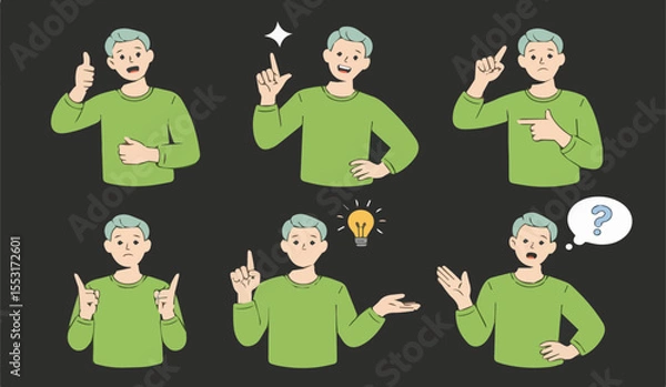 Fototapeta Casual man character with diverse poses and expressions for emotions, ideas, and communication concepts.

