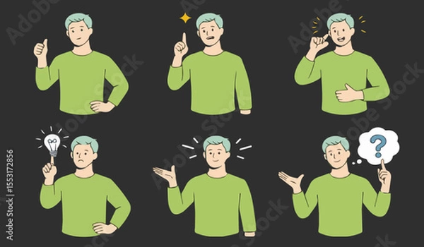 Fototapeta Casual man character with diverse poses and expressions for emotions, ideas, and communication concepts.

