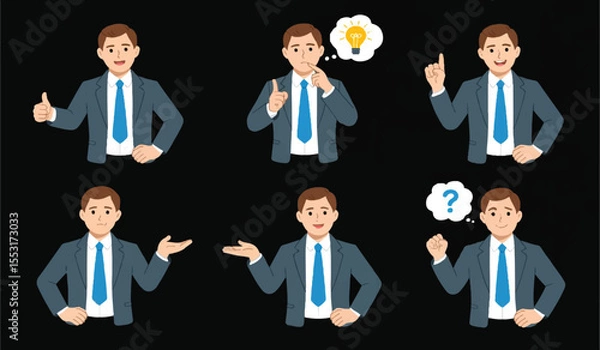 Fototapeta Businessman character with various poses and expressions for business communication, ideas, and problem-solving.

