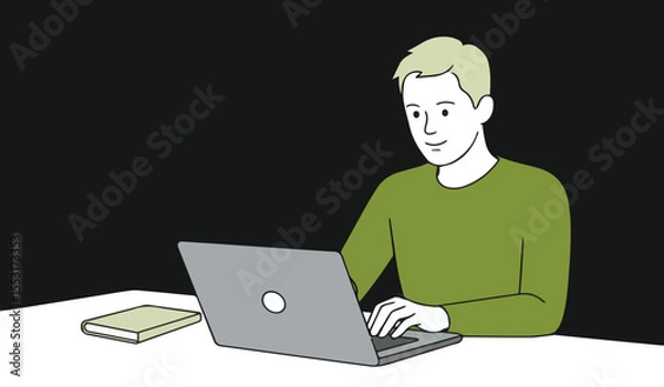 Fototapeta Man working on laptop at desk: ideal for remote work, online learning, productivity, and technology concepts.

