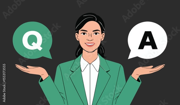 Fototapeta Businesswoman balancing Q&A speech bubbles: ideal for FAQs, customer support, and problem-solving.

