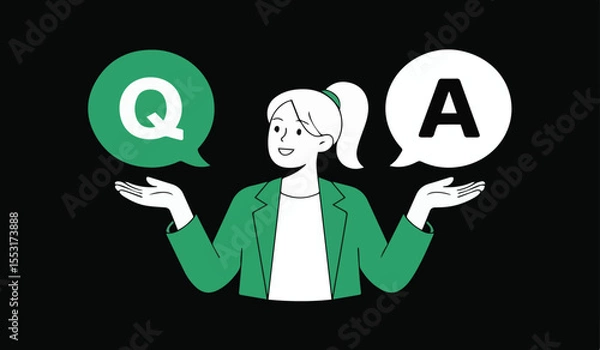 Fototapeta Woman balancing Q&A speech bubbles: perfect for FAQs, support, and problem-solving concepts.

