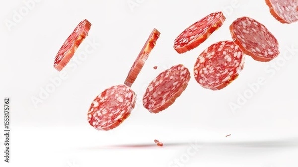 Obraz Slices of delicious, cured salami floating in isolation on a pristine white background, offering a tantalizing view of this classic Italian deli meat. Ideal for food industry visuals, it can be used i