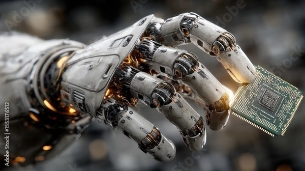 Fototapeta Advanced robotics: AI innovation with mechanical arm and microchip display