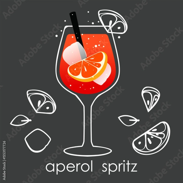 Fototapeta Classic cocktail Aperol Spritz. Summer alcoholic refreshing drink with orange and ice on a dark background. Vector illustration.