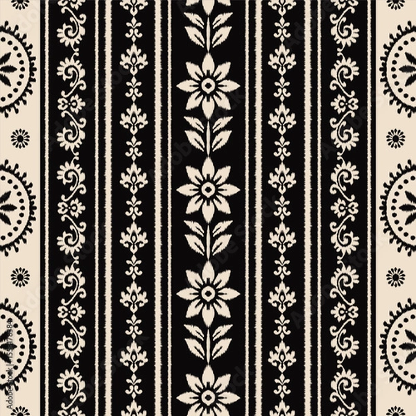 Obraz Floral Embroidery Ikat Saree Pattern in Traditional Ethnic Style, Abstract Fabric Design for Clothing and Wrapping Decoration, Seamless Textile Motif in Black and Cream.