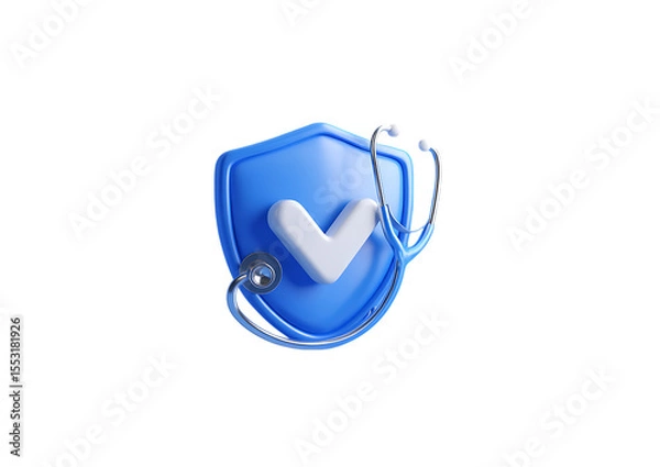 Fototapeta 3D icon of a shield with a checkmark and stethoscope on a transparent background, in a minimalistic style, isometric view.