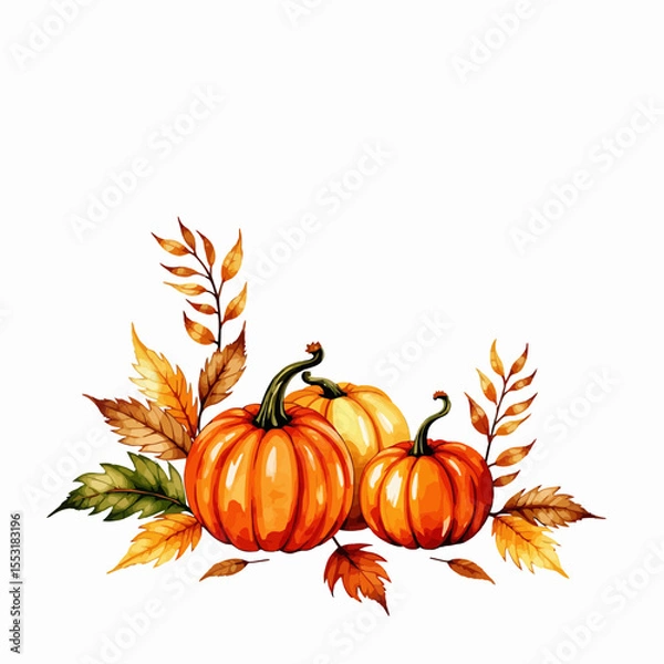 Fototapeta Three pumpkins surrounded by autumn leaves on white background  