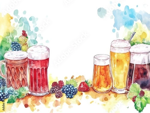 Fototapeta watercolor style, white background with Oktoberfest, empty place for text in center. 