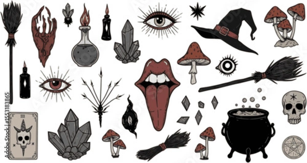 Fototapeta Big collection of wizardry elements for magic rituals or tarot deck, cauldron and crystals tongue, dead eye, mushrooms Halloween different witchcraft and sorcery tmagician and voodoo hand drawn