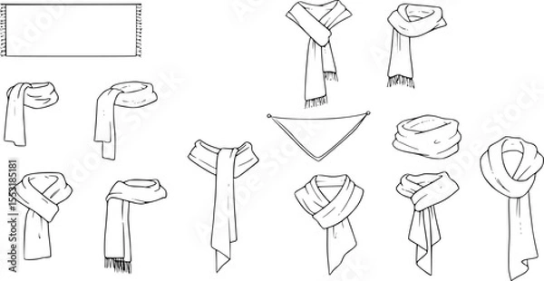 Obraz set of women's scarf flat sketch vector illustration cad mock up template
