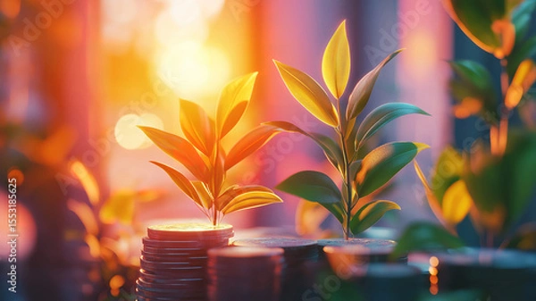 Obraz Growing plants on coin stacks reflect wealth building saving habits and investment planning
