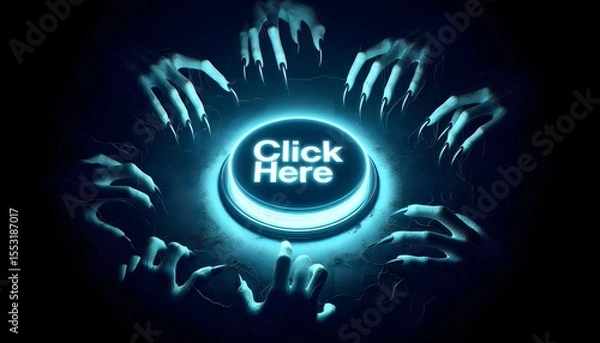 Fototapeta Dark Temptation – Eerie “Click Here” Button with Spooky Devil Hands