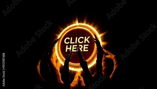 Fototapeta Dark Temptation – Eerie “Click Here” Button with Spooky Devil Hands