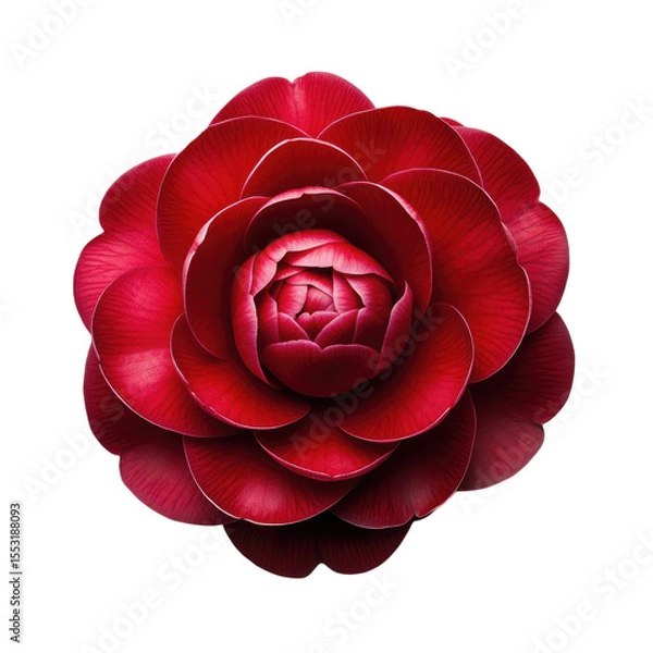 Fototapeta Close up of a vibrant red camellia flower with layered petals isolated on transparent background