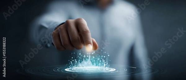 Fototapeta Businessperson hand interacting with futuristic digital interface, analyzing data visualization, innovation and technology concept