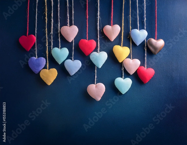 Fototapeta Colorful Hearts Hanging on Strings on a Vibrant dark  Background