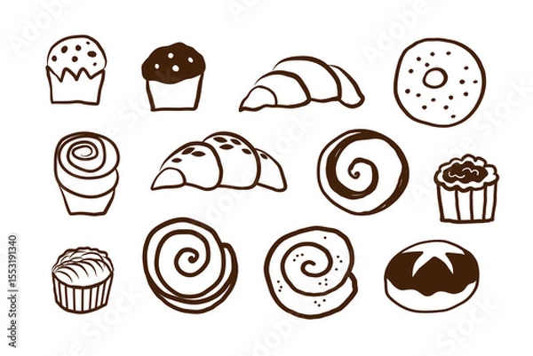 Obraz Set with pastries outline sketch on isolated background. Doodle with croissants, muffin, custard, cookies, French bakery, Design for cafe, menu, card, brochure. Hand drawn food vector illustration