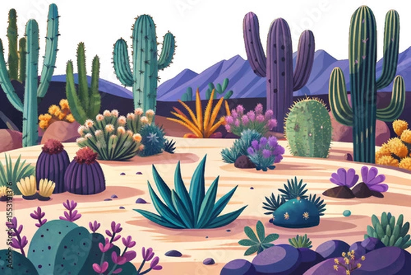 Fototapeta Desert cactus garden with various succulents, sandy soil, and warm tones vector perfect for themes of arid landscapes, drought-tolerant plants, and minimalism