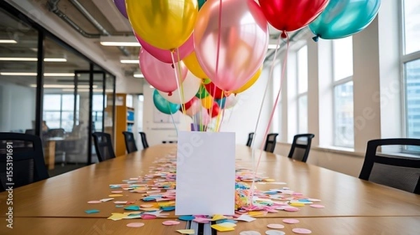 Obraz Colorful balloons and confetti on office table for celebration and party decoration scene
