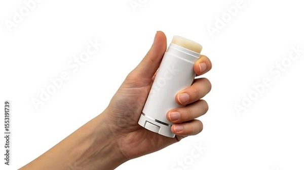 Obraz Hand holding white deodorant stick on isolated background for personal hygiene and skincare concept
