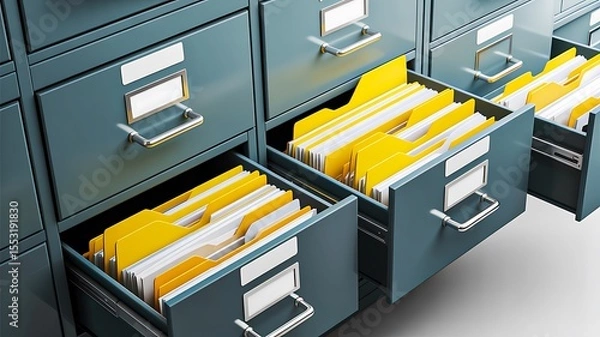 Obraz Office file drawers filled with organized yellow folders in storage and documentation concept

