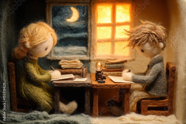 Fototapeta Needle-felted wool split scene of writing a letter. Left: A felted girl writes at a desk by candlelight at night, moon outside the window. Right: A felted boy sits at the same desk in daylight.