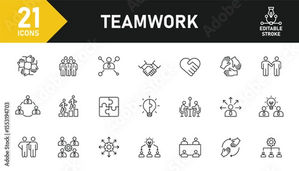 Fototapeta Teamwork line icon set. Set of 21 outline icons related to collaboration, cooperation, partnership,  employee, teamwork, work group, management and others. Editable stroke. Vector illustration.