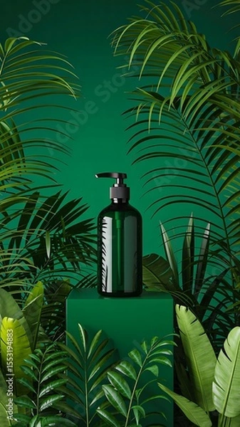 Obraz Dark green pump bottle surrounded by tropical leaves in natural skincare product display
