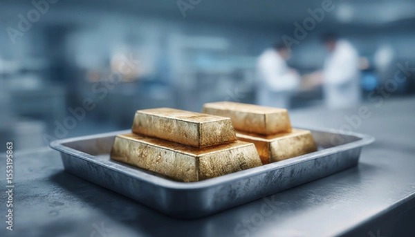 Fototapeta Refined gold bars cooling on metal trays, glowing under laboratory lighting, symbolizing wealth and luxury in secure environment