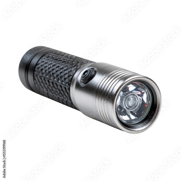Obraz Small LED flashlight with rubber grip. Isolated white background. Png format