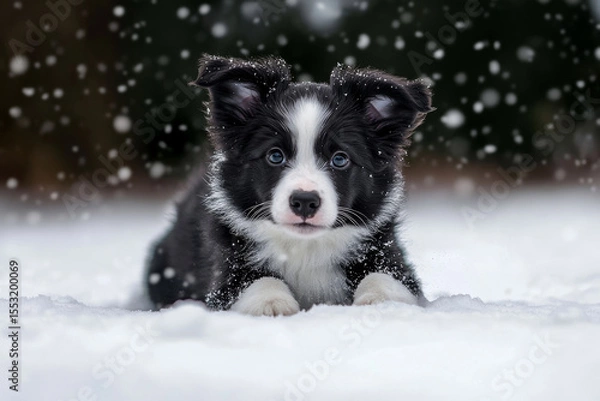 Fototapeta front view of puppy on the snow