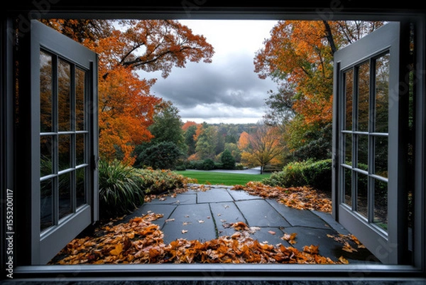 Fototapeta open window with autumn forest view