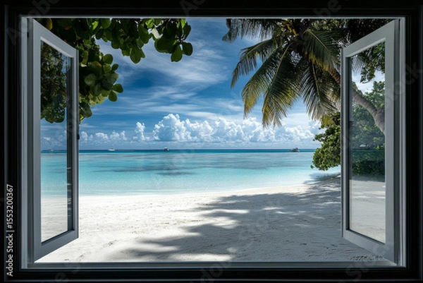 Fototapeta open window with tropical beach and sand view