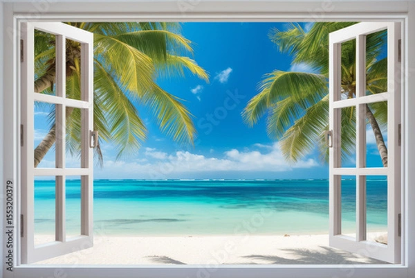 Fototapeta open white window with view on sea and palm with copy space