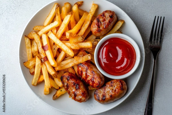 Fototapeta top view of french fries with sausages and ketchup in the white plate on the white table background