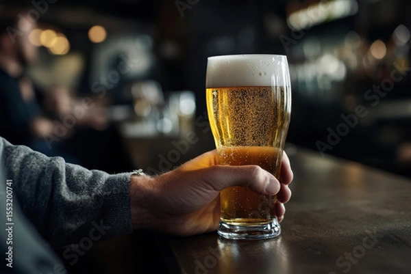 Fototapeta glass of beer in male hand in the pub with copy space for text