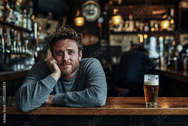 Fototapeta happy handsome man drinking beer in the pub with copy space