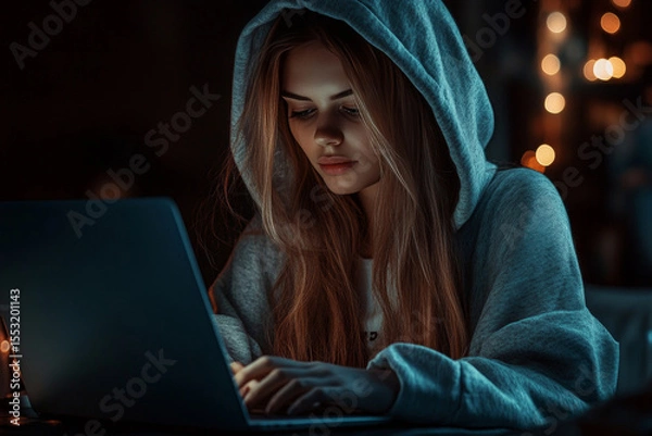 Fototapeta female hacker in a hoodie using a laptop on the dark background