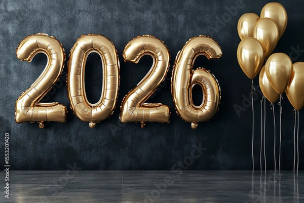 Fototapeta numbers "2026" made by golden inflatable letters with golden balloons