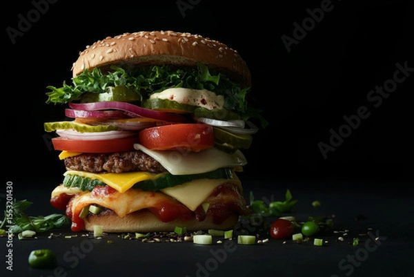 Fototapeta tall hamburger with lots of ingredients with copy space